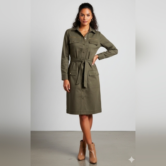 Etcetera Size 4 Bonvoyage Military Style Olive Green Snap Front Dress - Picture 1 of 11
